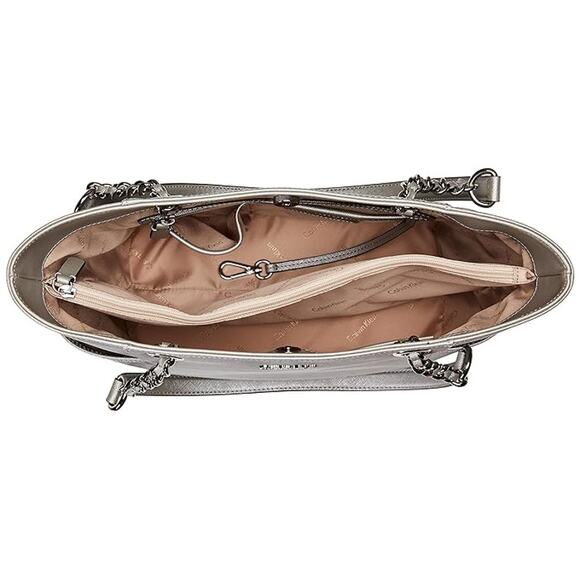 Women's Calvin Klein Chain Saffiano Leather Tote Size 16"L x 4.5"W x 10"H - Silv - Picture 5 of 14